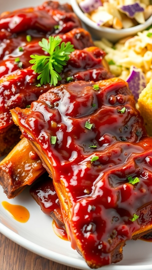 Oven-Baked BBQ Ribs Recipe Oven-baked BBQ ribs coated in barbecue sauce, served with coleslaw and cornbread on a plate.